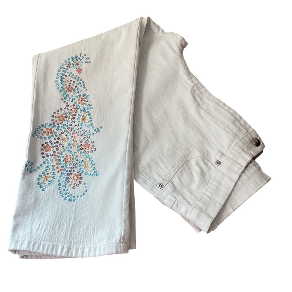 DG2 by Diane Gilman Rhinestone White Jeans Cropped Size 8 Cotton Blend Stretch